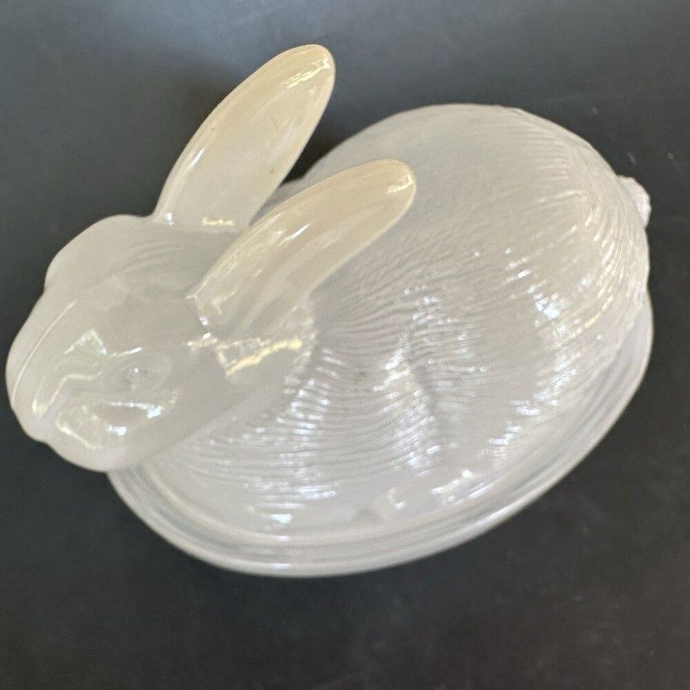 Vintage Satin Glass Bunny Rabbit On Nest Covered Dish Easter Candy Box Decor 5”